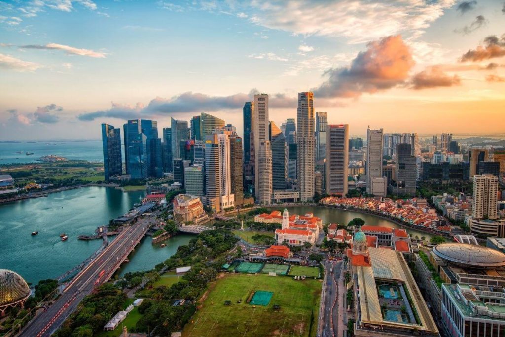 Aerial view of Singapore business district and city at twilight in Singapore, Asia